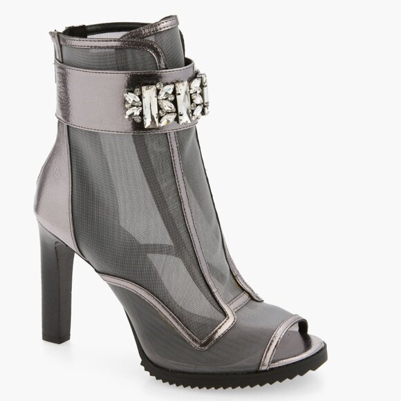 NEW KARL LAGERFELD PARIS Blayze Peep Toe Bootie (Women) 9.5M, SILVER - Picture 1 of 8